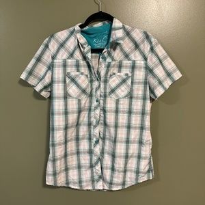 Like NEW Kuhl Ionik plaid button up shirt Large L Blue white teal